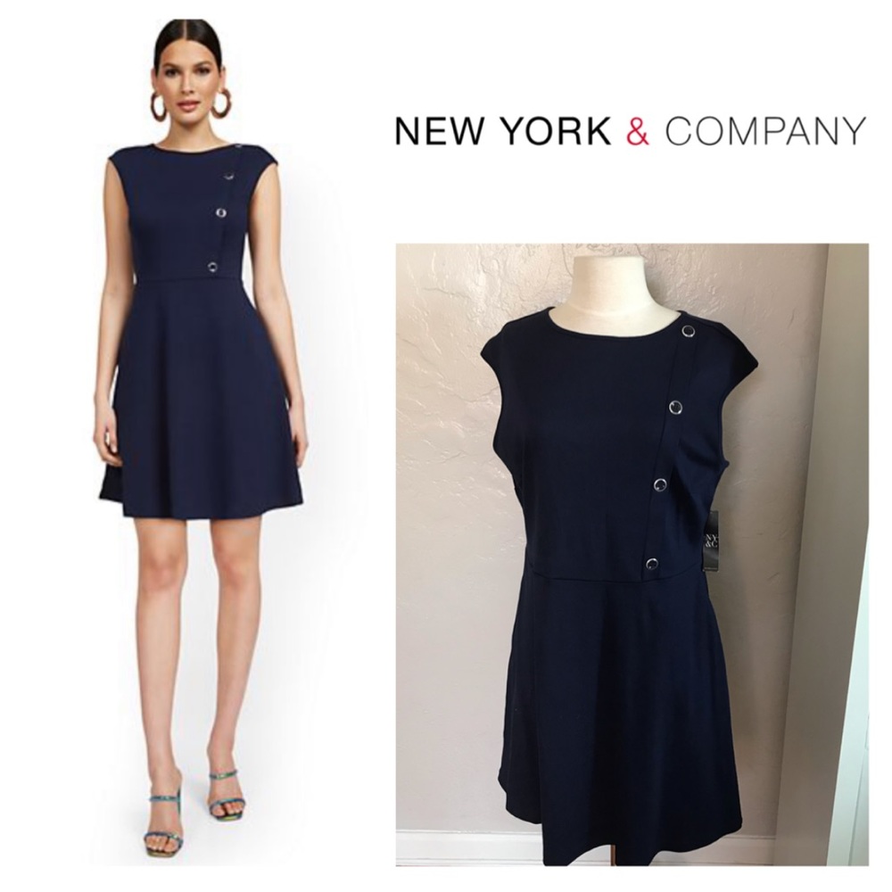 NEW!  New York & Company Side-Button Flare Dress in navy (L)